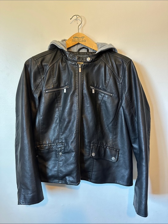 Alivia Ford Jackets & Blazers - Aliva Ford Black Faux Leather Jacket with Gray Hood Women's Size 2X